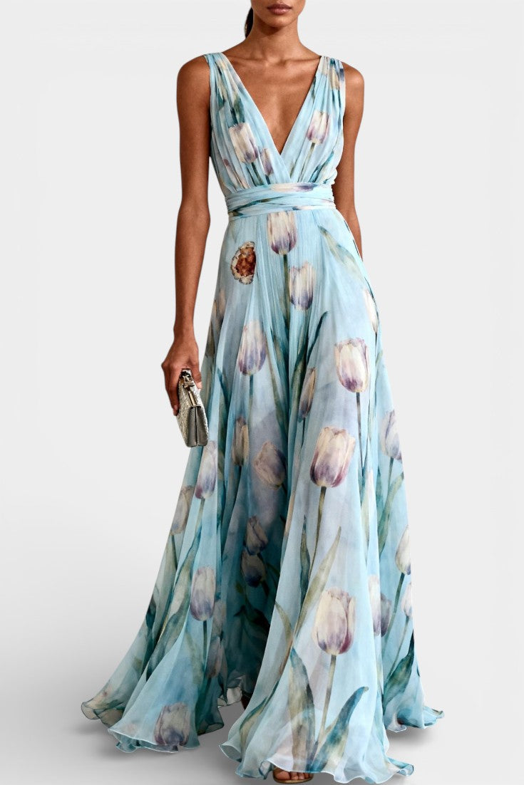 Philippa Robe Longue en Chiffon Fleuri à Décolleté en V