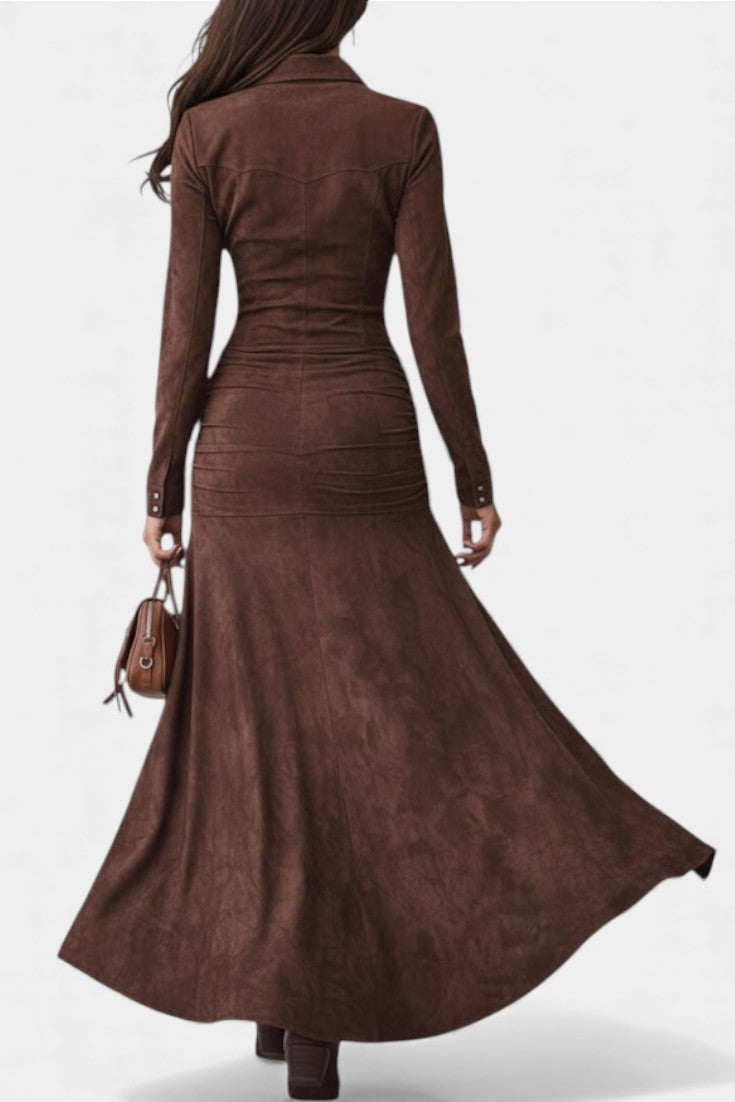 Tilda Robe Longue Marron Rétro à Volants Irréguliers