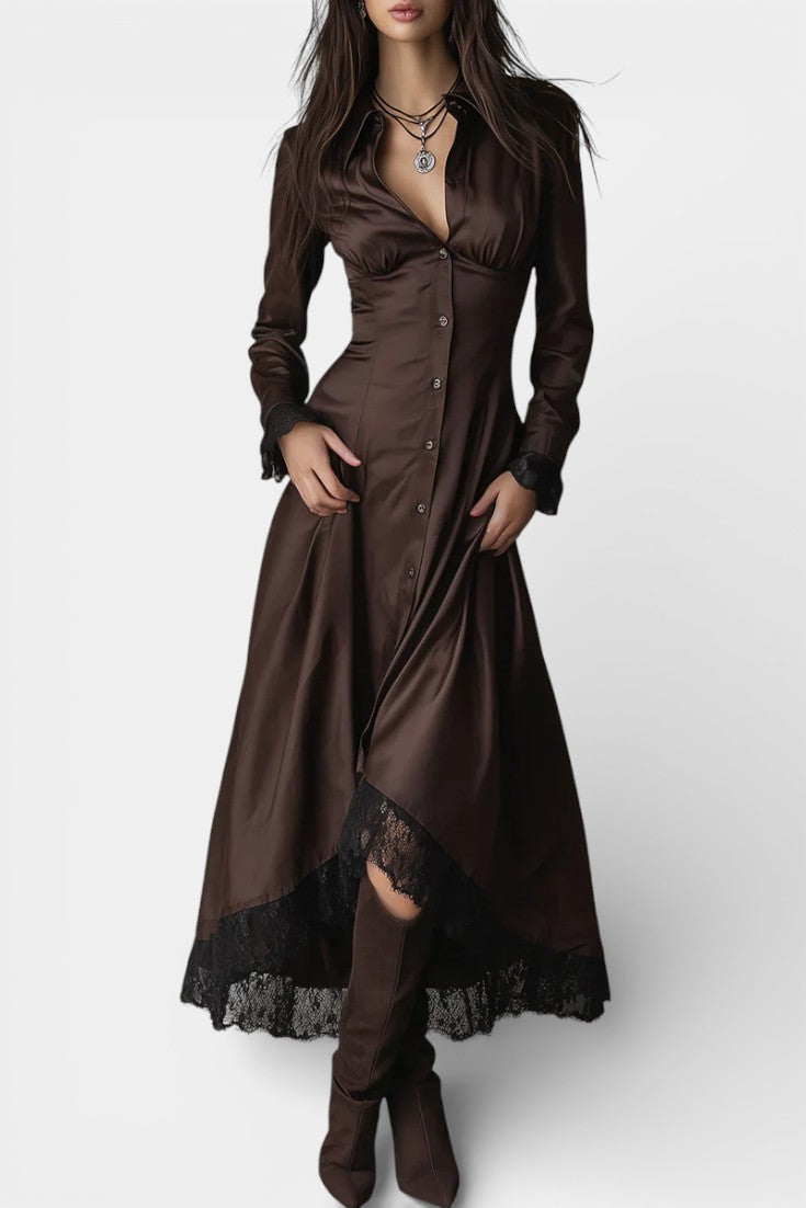 Liesel Robe Midi Évasée Chocolat à Panneaux de Dentelle