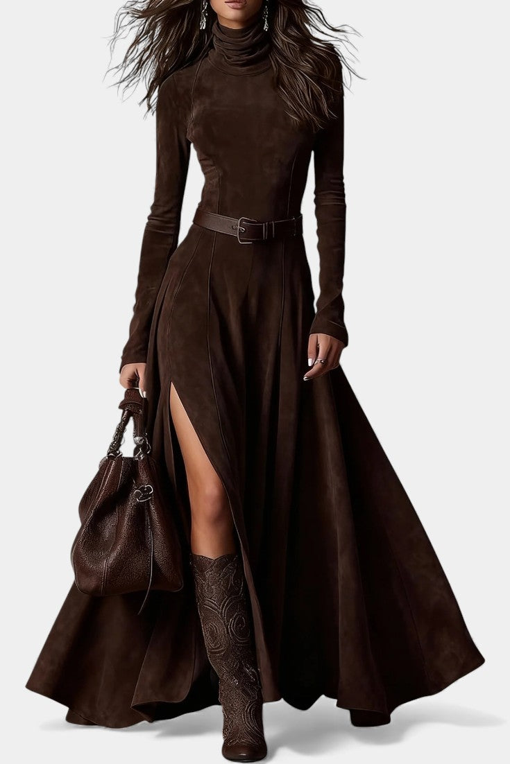 Roselda Robe Maxi à Col Roulé & Fente Élégante