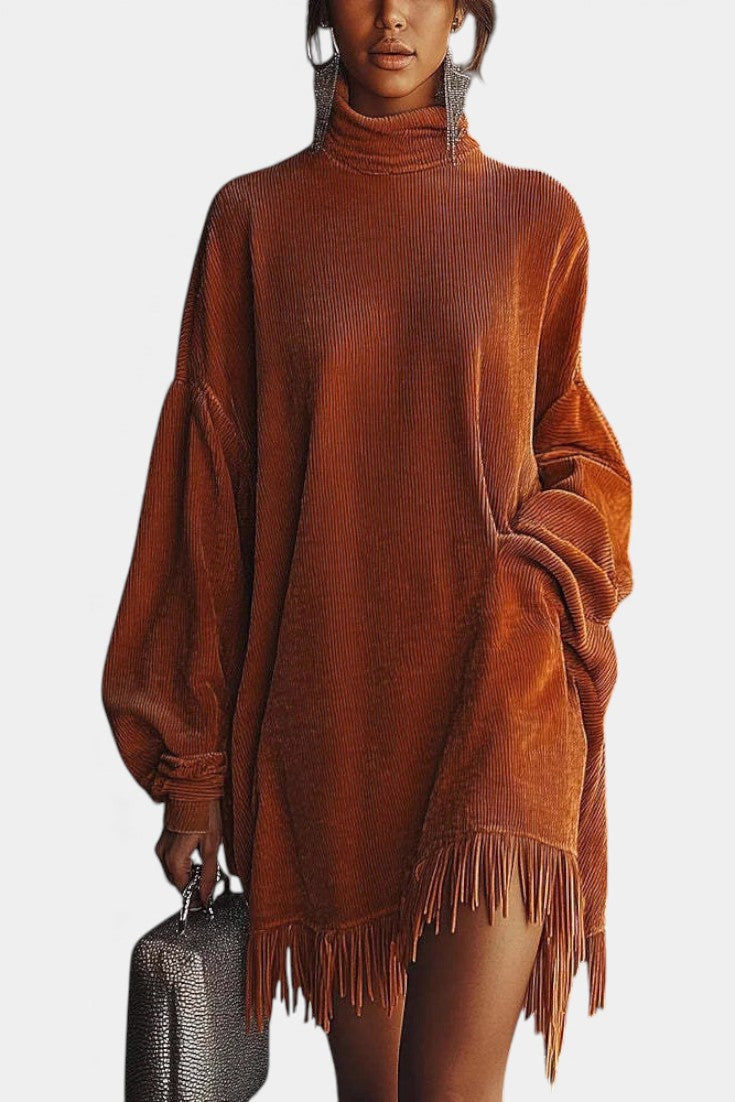 Régine Robe en Velours Côtelé Orange à Col Haut et Ourlet Frangé