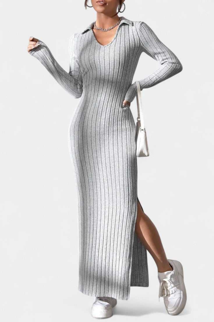 Élidia Robe Maxi Fendue à Col en V et Silhouette Ajustée