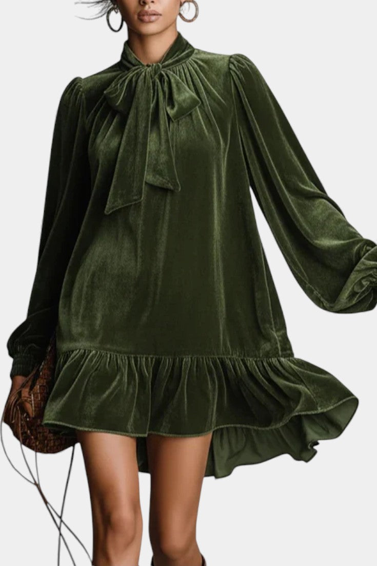 Albertine Robe Mini en Velours Ample avec Col Nœud Papillon