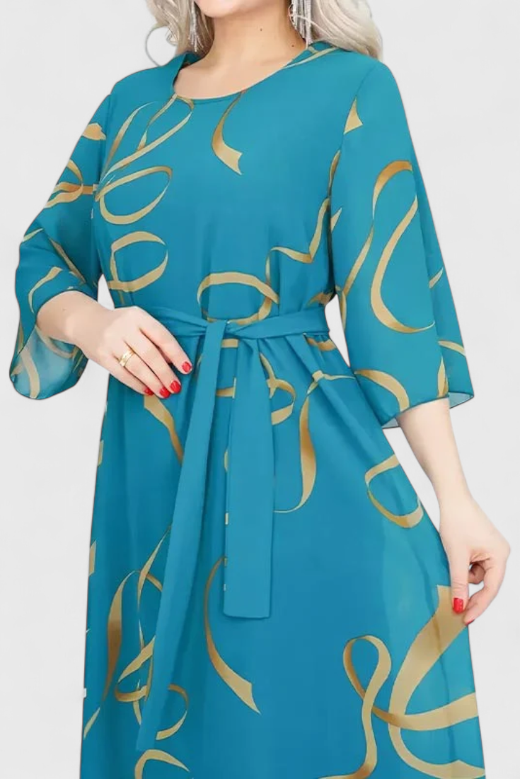 Ame Robe Midi à Imprimé Abstrait et Ceinture Ajustable
