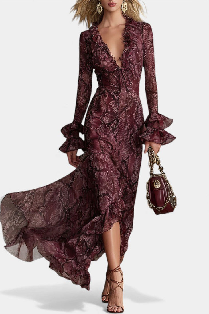 Amisana Robe Maxi en Chiffon Bordeaux à Motif Serpent et Volants