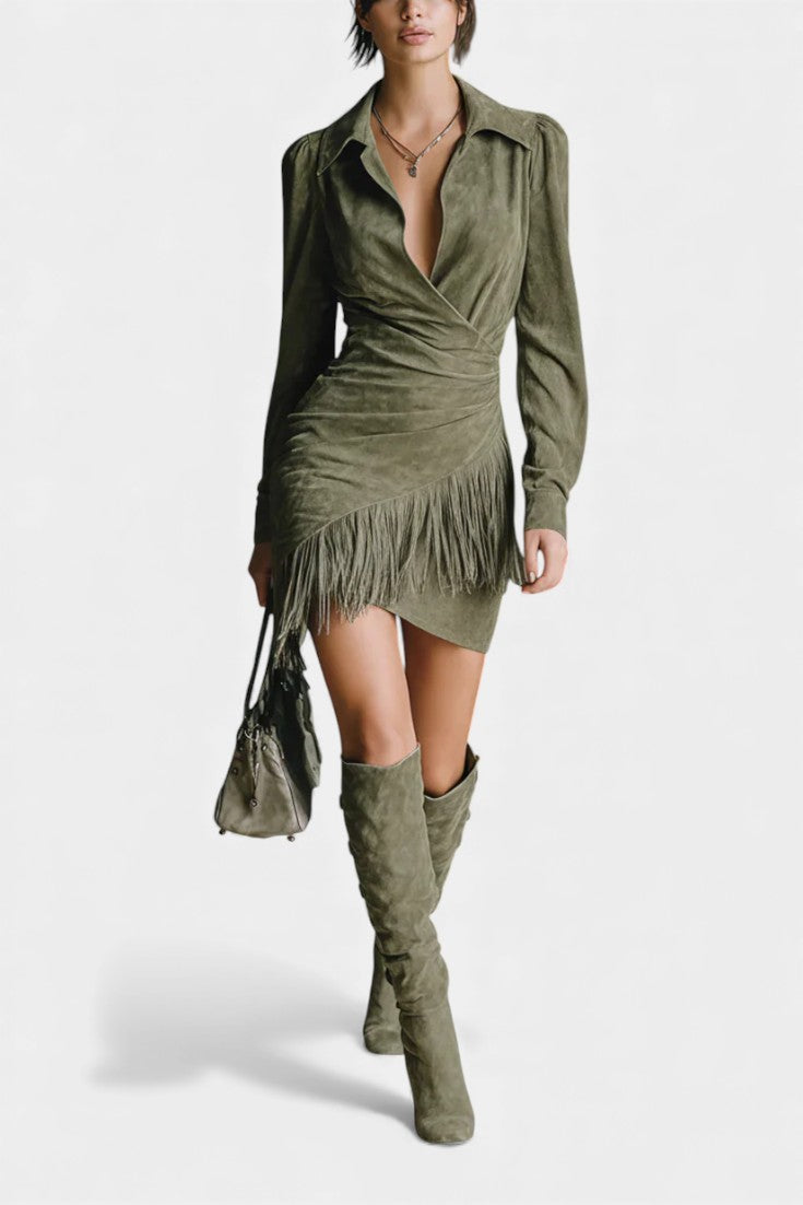 Ottilia Robe Mini Croisée en Suédine Vert Olive