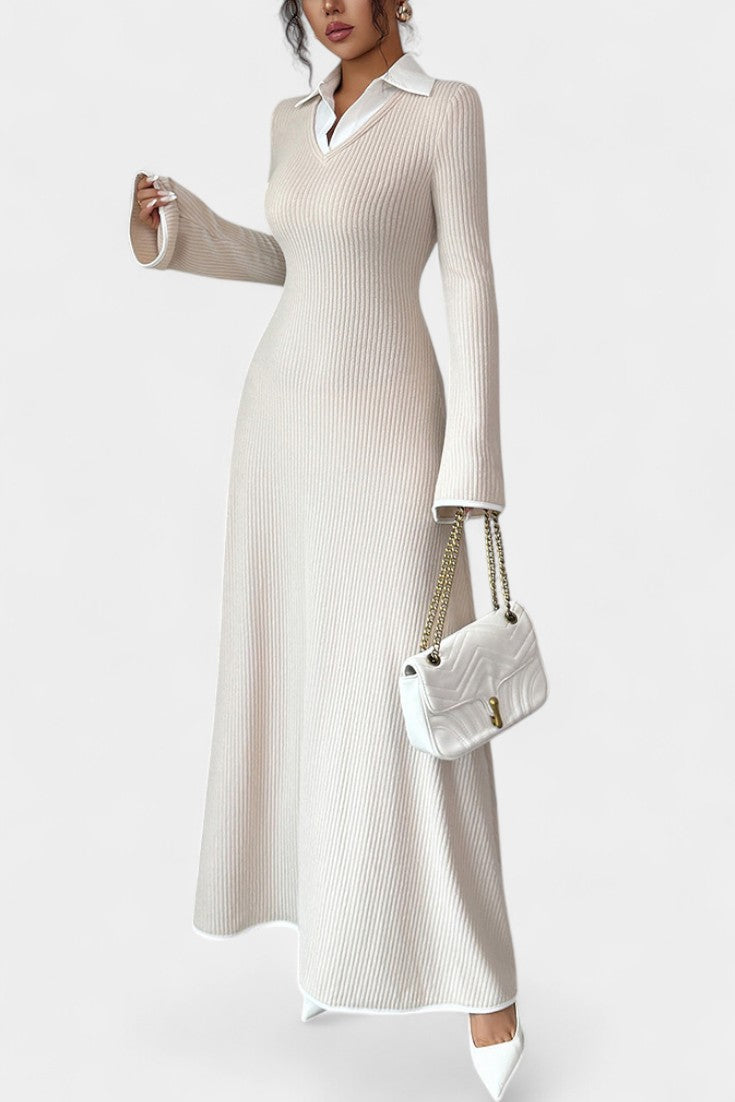 Élodiane Robe Pull Maxi Bicolore à Col Chemise