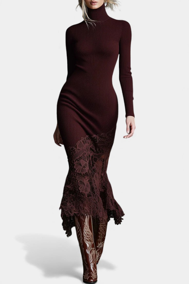 Avaria Robe Maxi Tricotée Bordeaux à Col Montant et Ourlet en Dentelle