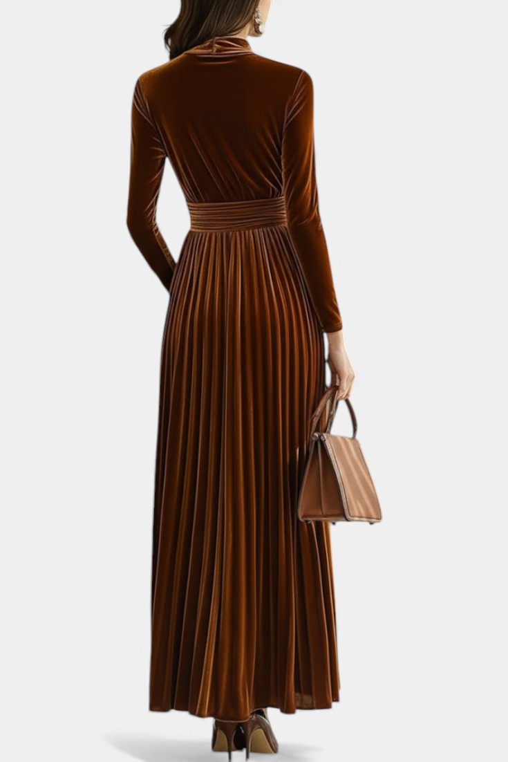 Doryane Robe Maxi en Velours à Col Montant et Manches Longues