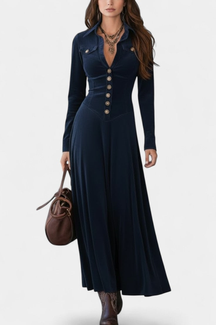 Romy Robe Longue en Suédé à Boutons et Décolleté Plongeant
