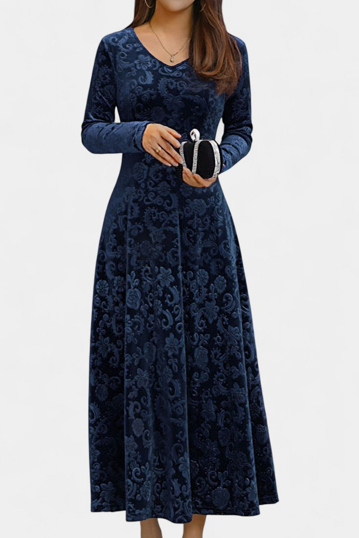 Alexane Robe Longue en Velours à Imprimé Floral et Col en V