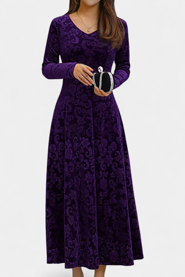 Alexane Robe Longue en Velours à Imprimé Floral et Col en V