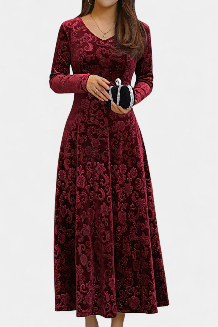 Alexane Robe Longue en Velours à Imprimé Floral et Col en V