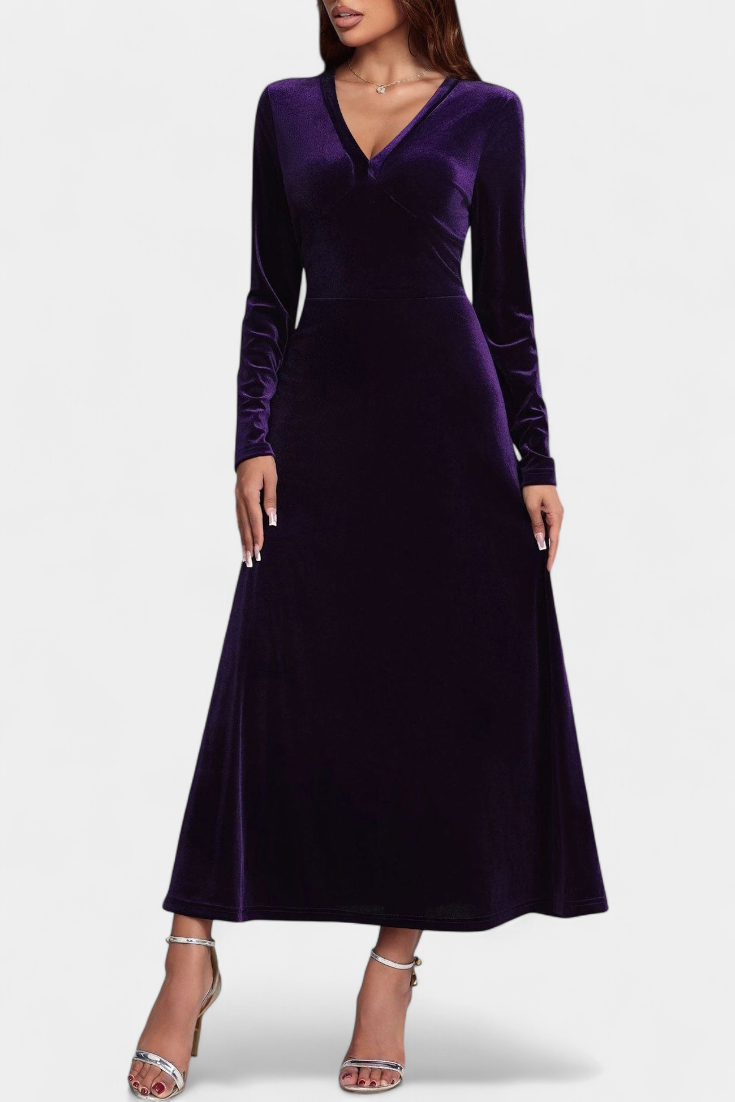 Alizée Robe Longue en Velours à Col en V et Coupe Évasée