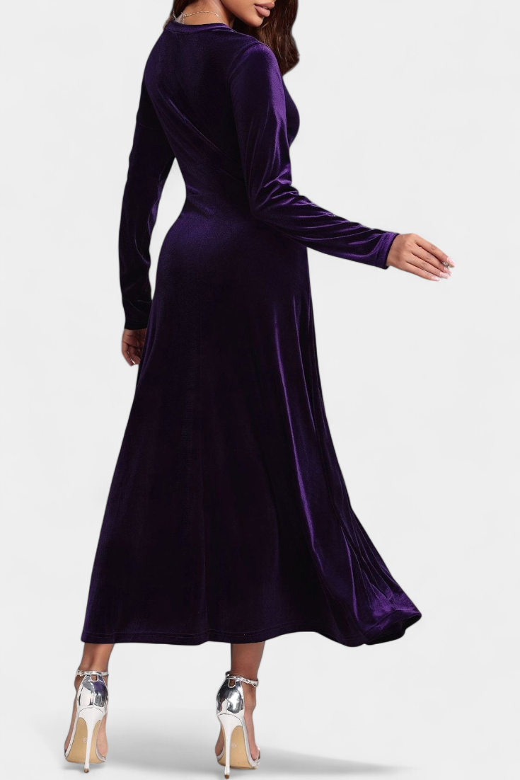 Alizée Robe Longue en Velours à Col en V et Coupe Évasée
