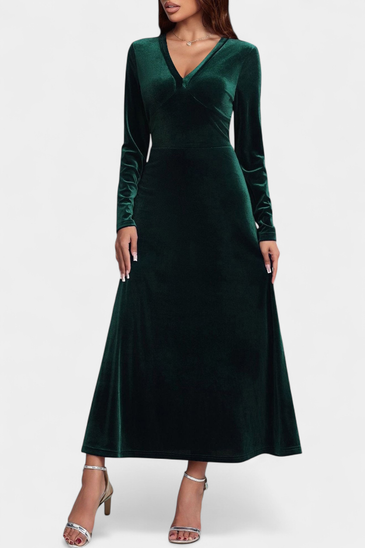 Alizée Robe Longue en Velours à Col en V et Coupe Évasée