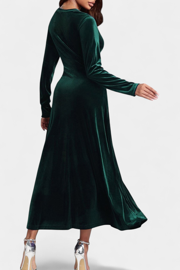 Alizée Robe Longue en Velours à Col en V et Coupe Évasée
