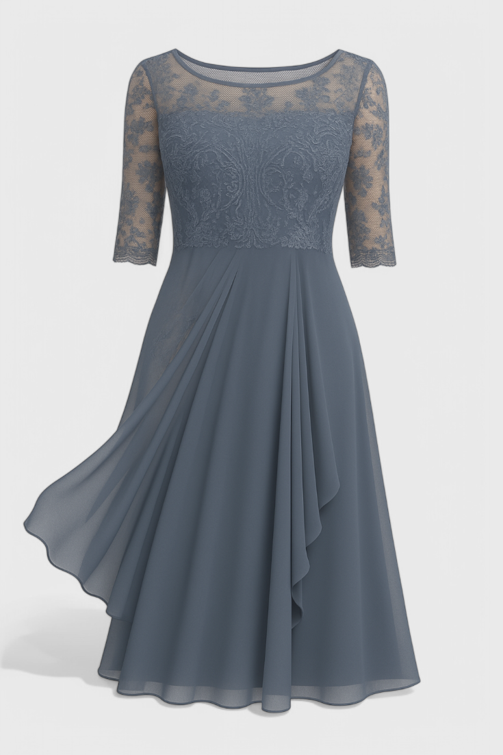 Abby Robe Plissée en Chiffon avec Corps Brodé Transparent et Décolleté Illusoire