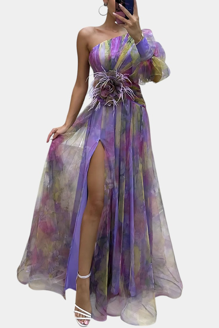Amelie Robe Asymétrique à Imprimé Aquarelle et Détail Floral