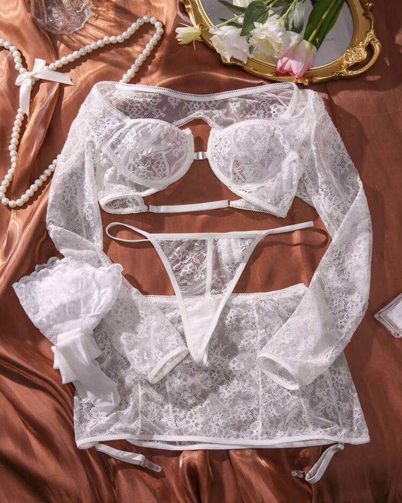 Maison La Veine™ | Ensemble Lingerie en Dentelle 4 Pièces avec Babydoll à Manches Longues