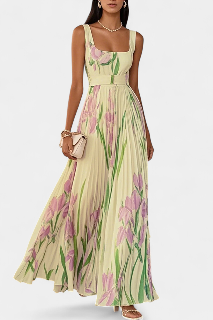Calanthe Robe Longue en Chiffon Plissé à Imprimé Floral