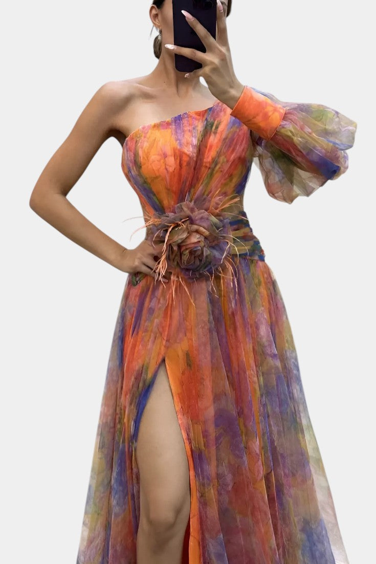 Amelie Robe Asymétrique à Imprimé Aquarelle et Détail Floral