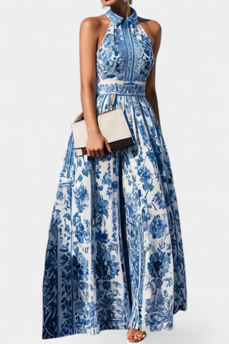 Shante Robe A-Line Sans Manches à Imprimé Porcelaine et Col Revers