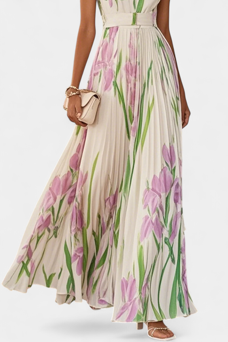 Calanthe Robe Longue en Chiffon Plissé à Imprimé Floral