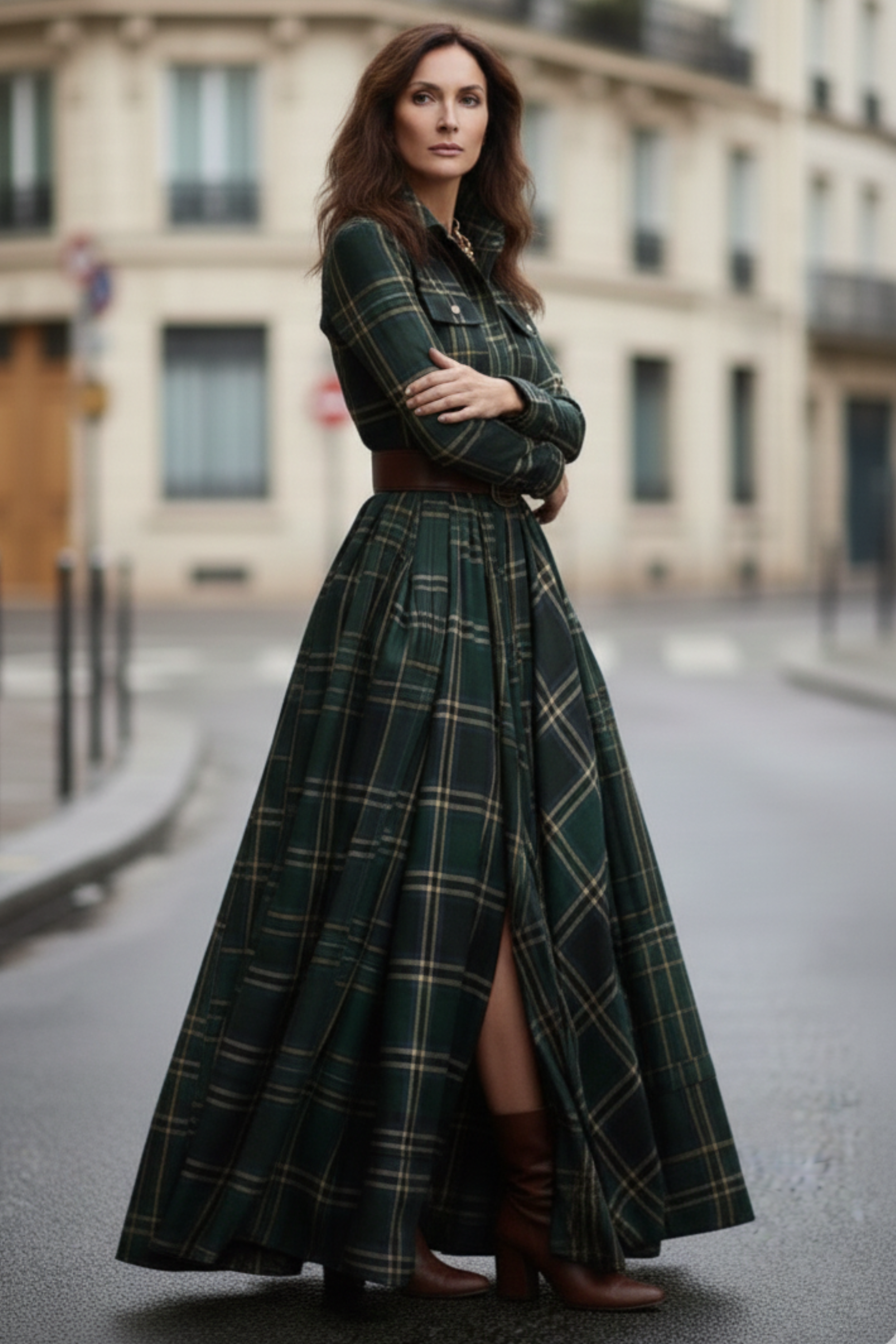 Eustelle Robe Maxi à Carreaux Vert avec Col