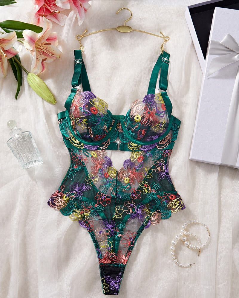 Maison La Veine™ | Ensemble de Lingerie en Mesh Élégant avec Broderie Florale & Détails Découpés