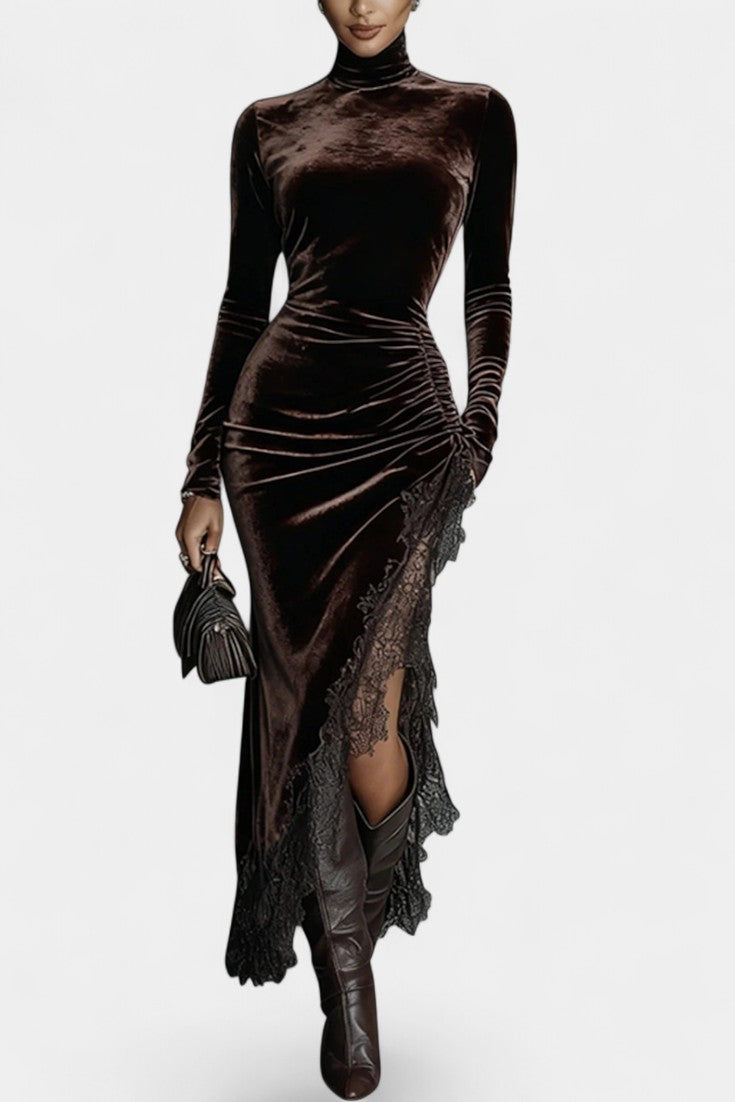Mylène Robe Longue en Velours à Ourlet Dentelle Asymétrique
