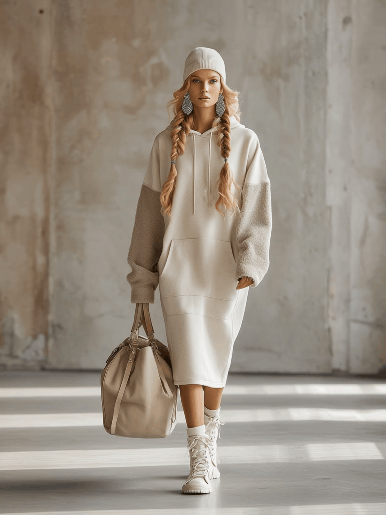 Ivayla Robe Midi Sweat à Capuche en Polaire Beige