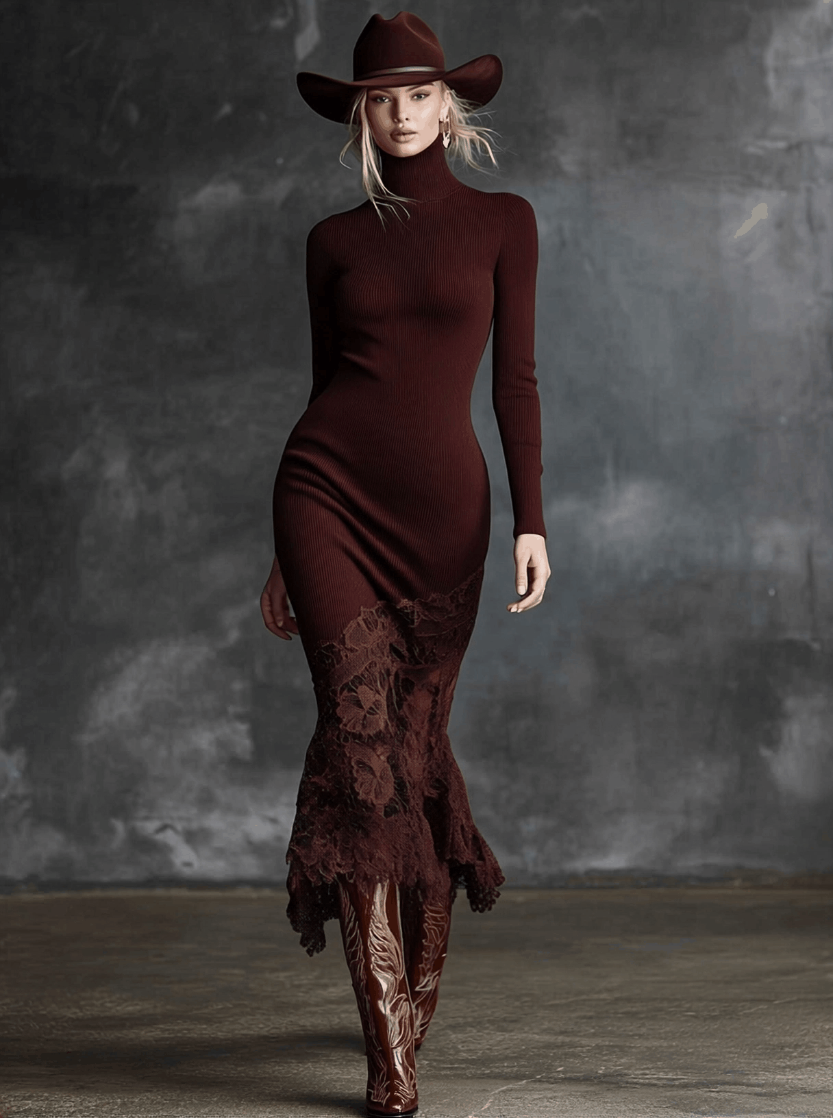 Avaria Robe Maxi Tricotée Bordeaux à Col Montant et Ourlet en Dentelle