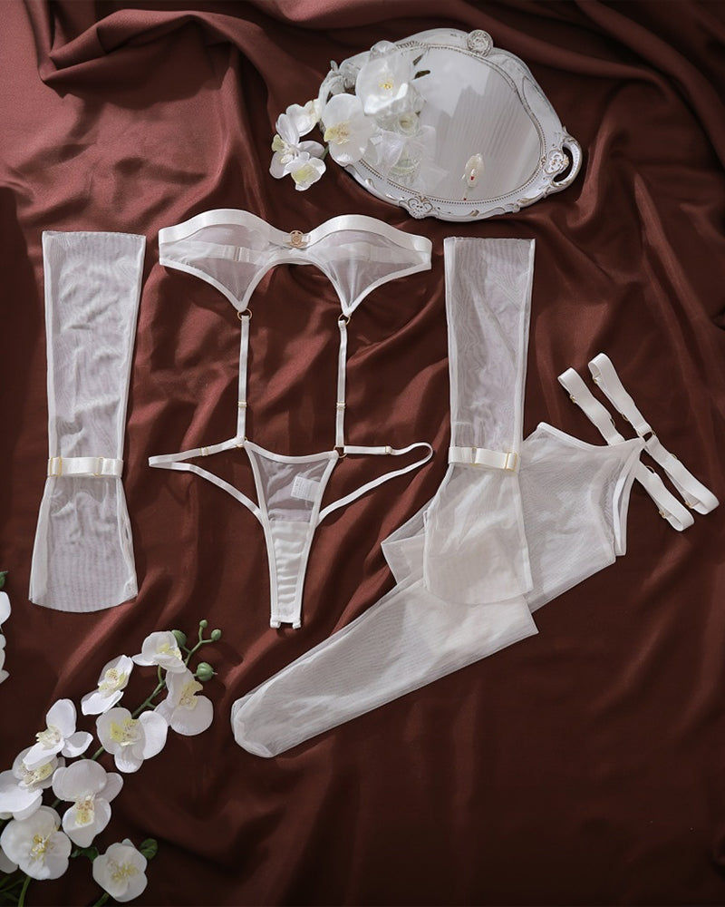 Maison La Veine™ | Ensemble de lingerie transparent avec body, gants & bas