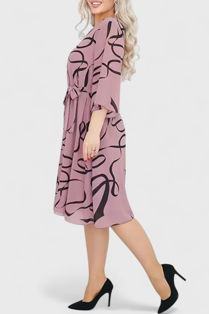 Ame Robe Midi à Imprimé Abstrait et Ceinture Ajustable