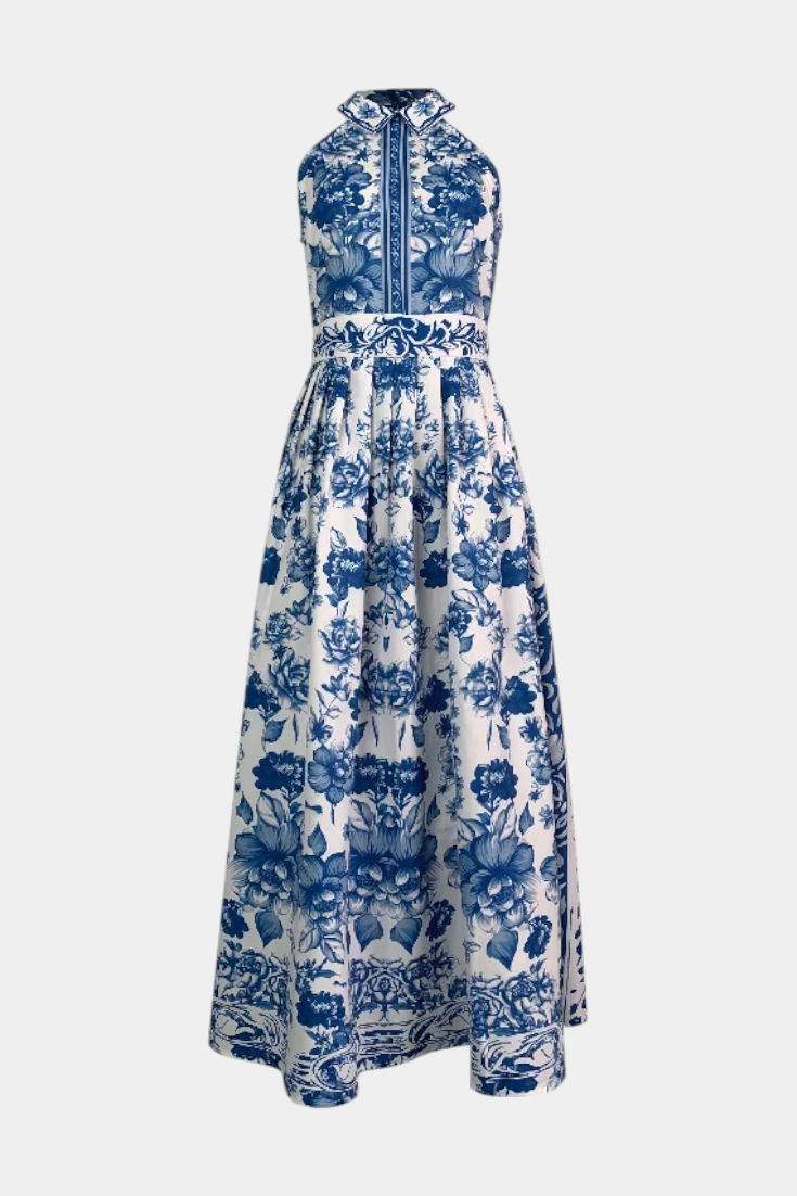 Shante Robe A-Line Sans Manches à Imprimé Porcelaine et Col Revers
