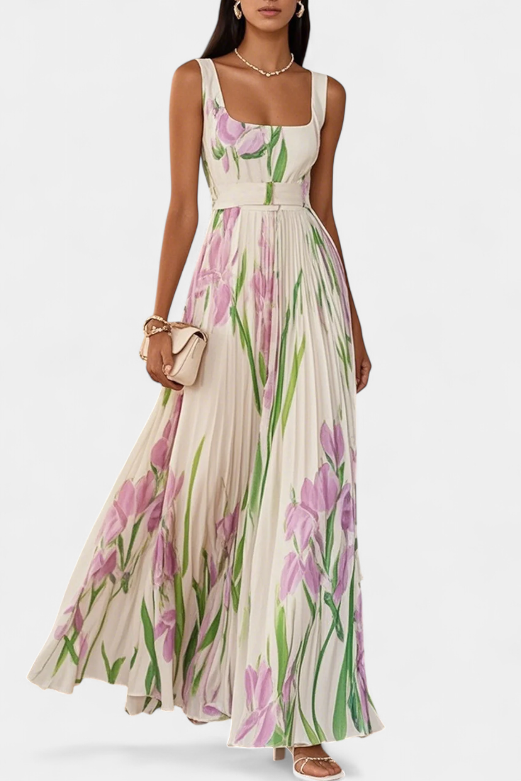 Calanthe Robe Longue en Chiffon Plissé à Imprimé Floral