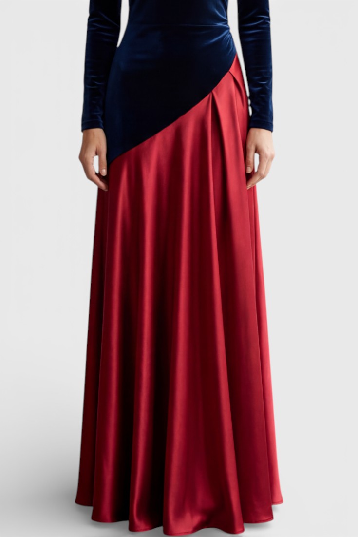 Camryn Robe Longue en Velours et Satin à Blocs de Couleur