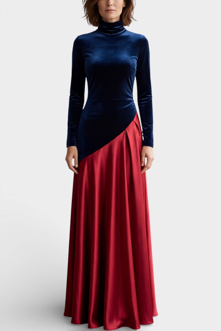 Camryn Robe Longue en Velours et Satin à Blocs de Couleur