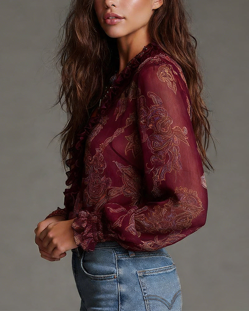 Élise | Blouse bohème chic à volants et col zippé