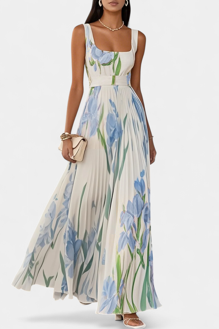 Calanthe Robe Longue en Chiffon Plissé à Imprimé Floral