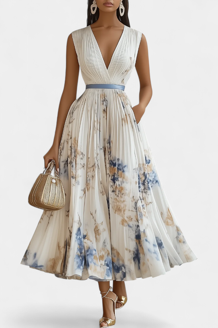 Elise Robe en Chiffon à Imprimé Floral et Taille Ceinturée