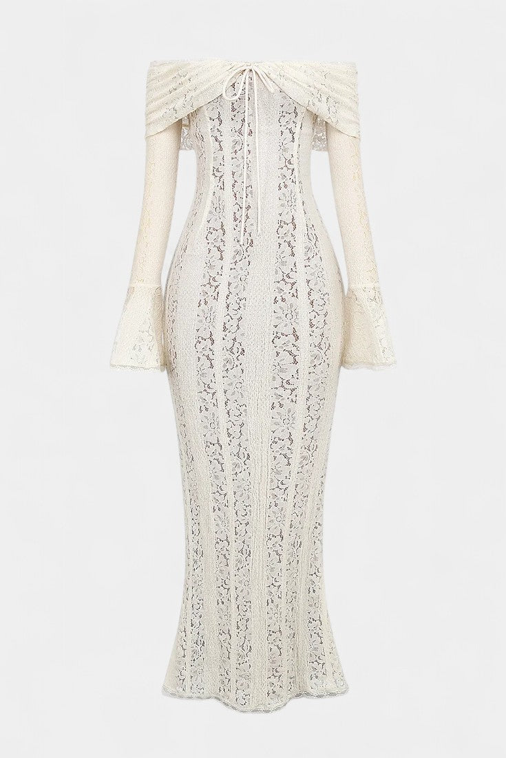 Rosalie Robe Taille Haute en Dentelle Off-Shoulder et Manches Évasées