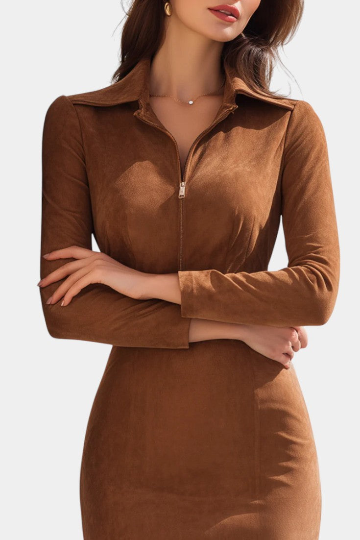 Charlène Robe Zippée en Suédine Caramel