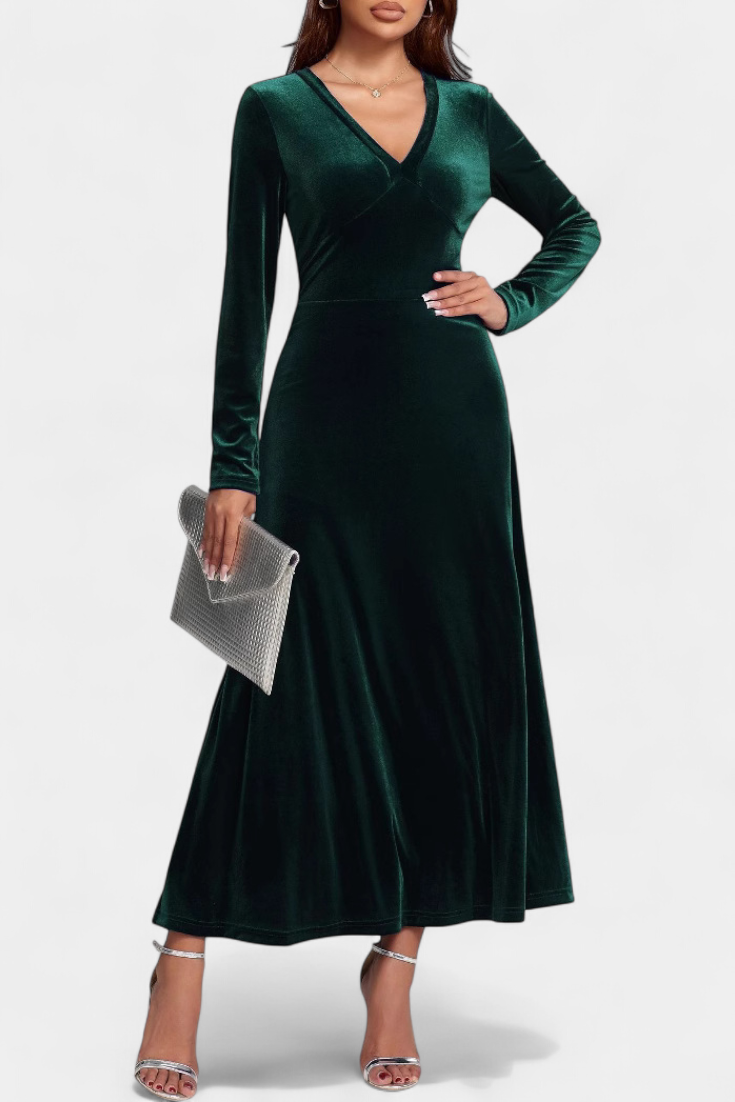 Alizée Robe Longue en Velours à Col en V et Coupe Évasée