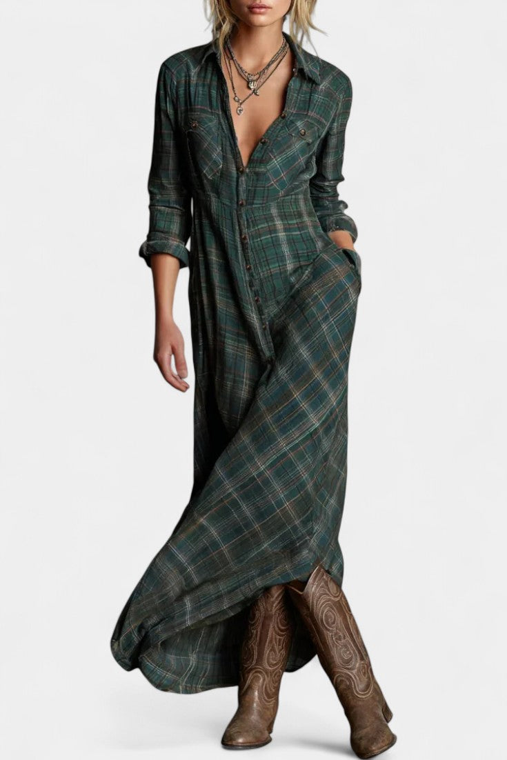 Amanita Robe Chemise Maxi à Carreaux Verts et Col à Revers Structuré
