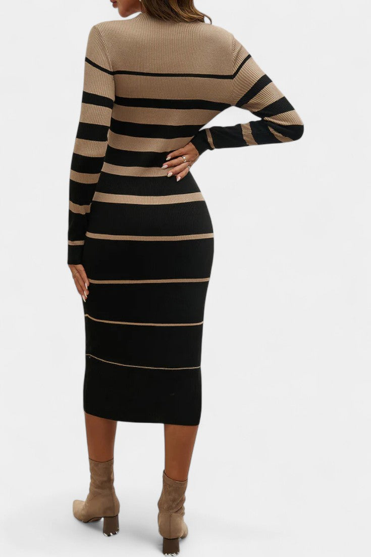 Azelyne Robe Pull Midi Tricotée à Rayures et Coupe Ajustée