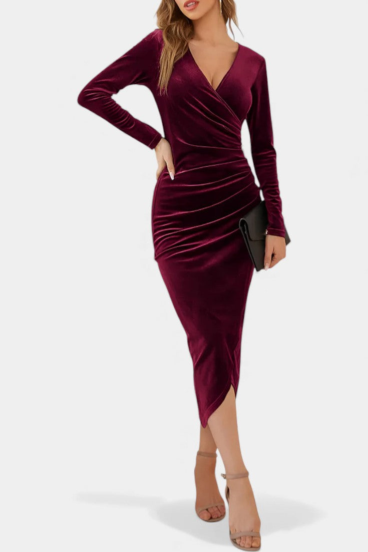 Kenza Robe Midi Cocktail en Velours Froncé