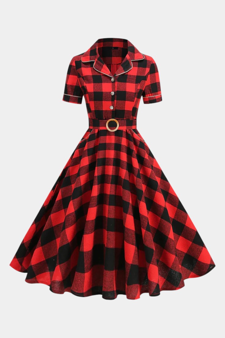 Lylas Robe Midi Vintage à Carreaux avec Revers Tailleur, Poches et Ceinture