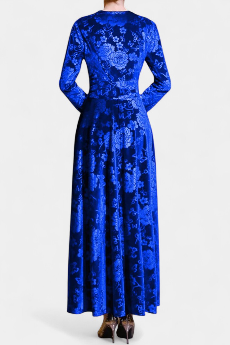 Ombeline Robe Longue en Velours à Col V et Motif Floral Texturé